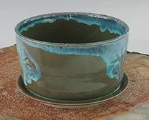 Handcrafted-Ceramic-Plant-Pot-w-Tray-Blue-w-Dk Green-Glaze