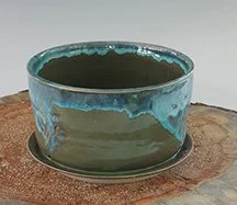 Handcrafted-Ceramic-Plant-Pot-w-Tray-Blue-w-Dk Green-Glaze