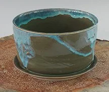 Handcrafted-Ceramic-Plant-Pot-w-Tray-Blue-w-Dk Green-Glaze