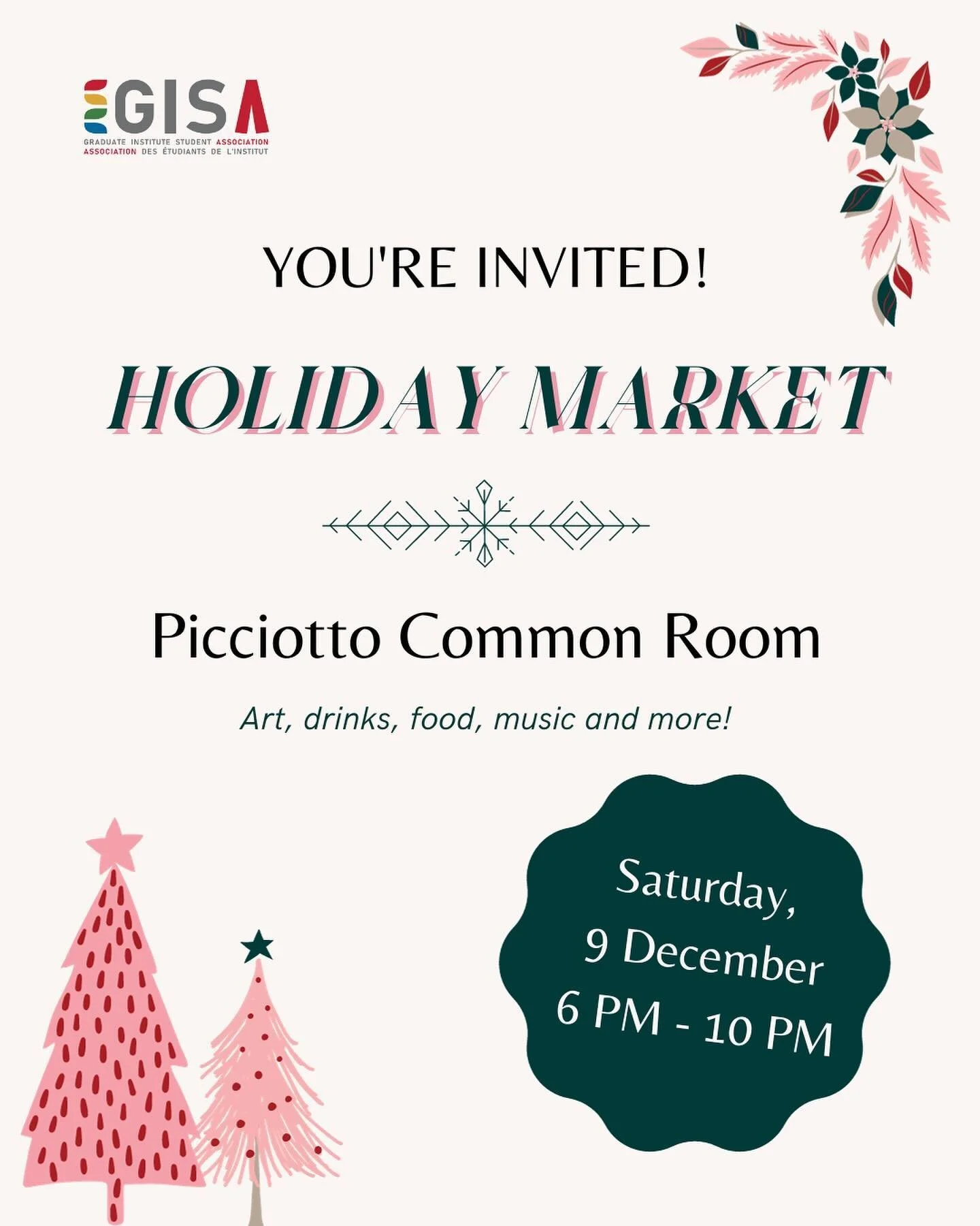 Happy holidays from GISA ❄️☃️🎶☕️

We want to celebrate with you this Saturday, 9 December from 6pm - 10pm in the Picciotto Common Room with art, drinks, music, and more!

This will be a cozy evening including some crafts and a musical concert perfor