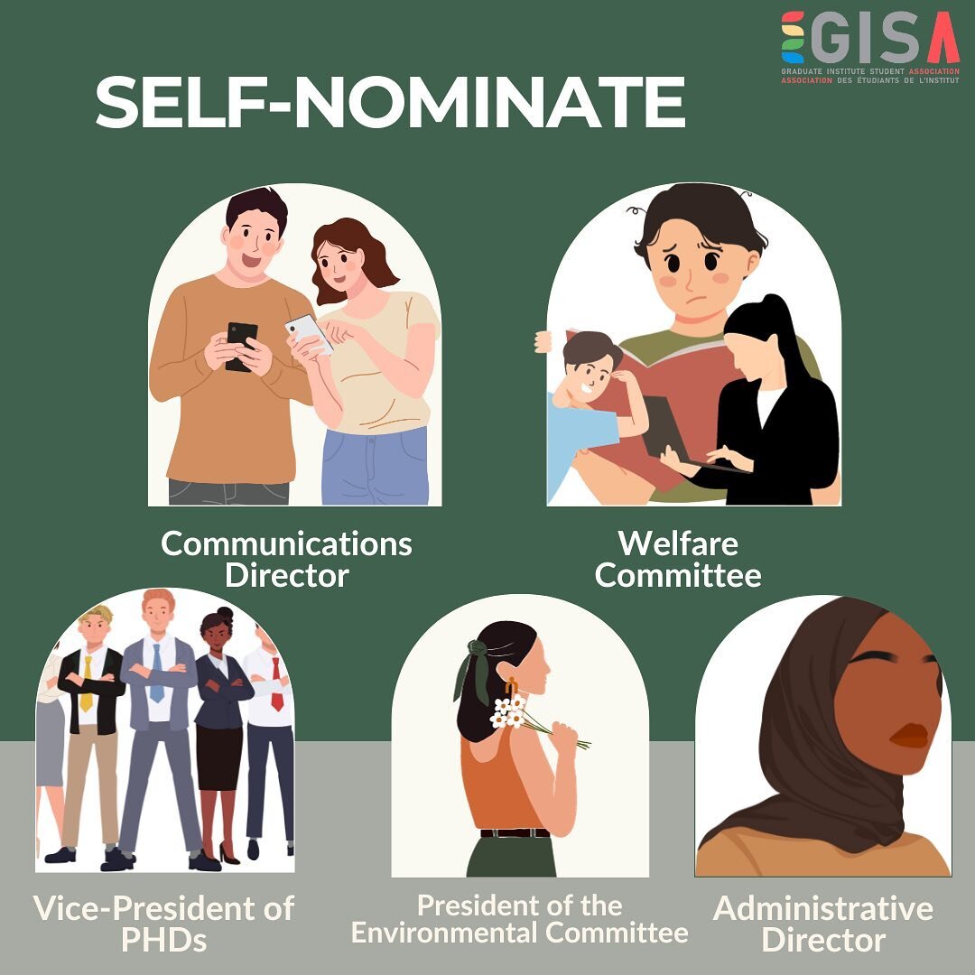 Don&rsquo;t forget to self-nominate!

 The first nomination period ends on the 24th. Run for Communications Director, Welfare Committee,  president of the environmental committee, VP of PHDs or Administration Director. 

 Swipe to meet the outgoing b