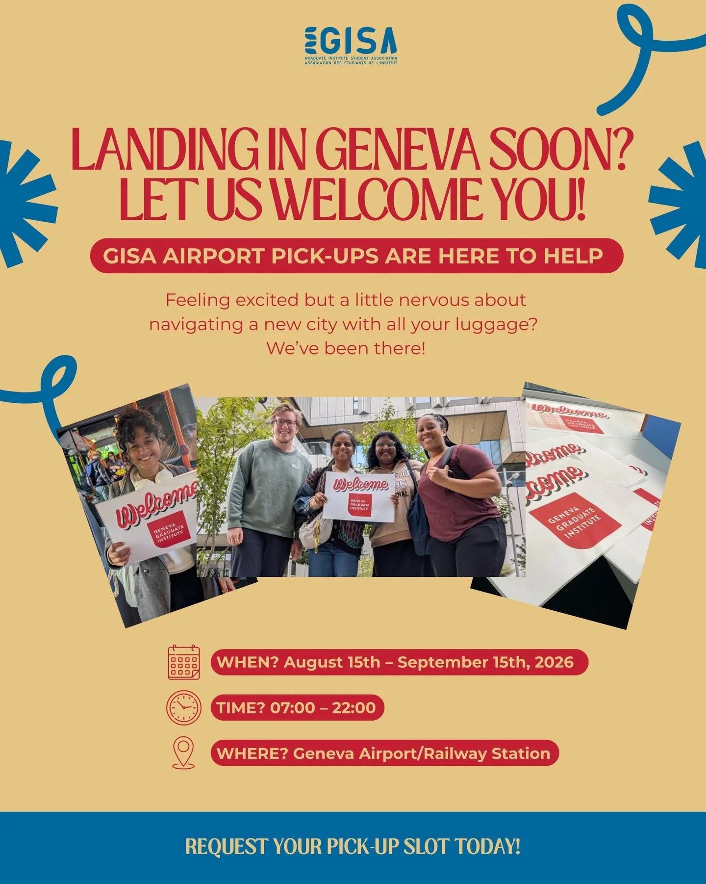 Hello Everyone! Ready to start your Master&rsquo;s journey in Geneva? 

The Graduate Institute Student Association (GISA) is organizing a student‑led pick‑up drive to help make your arrival smoother.

📅 1 August &ndash; 30 September 2026 
⏰ Daily, 0