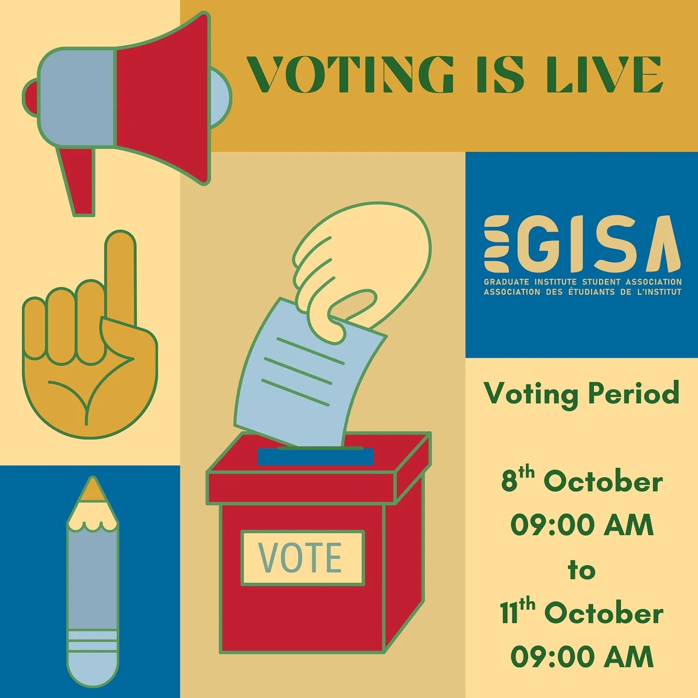 📢 GISA Fall Elections 2025 | 1 MORE DAY TO GO!!! 🗳️

Hey everyone! 👋

Voting for the GISA Fall Elections is in its final phase! Make sure your voice is heard and help shape our graduate student community. 💪

🗳️ Positions up for election:

1️⃣ VP