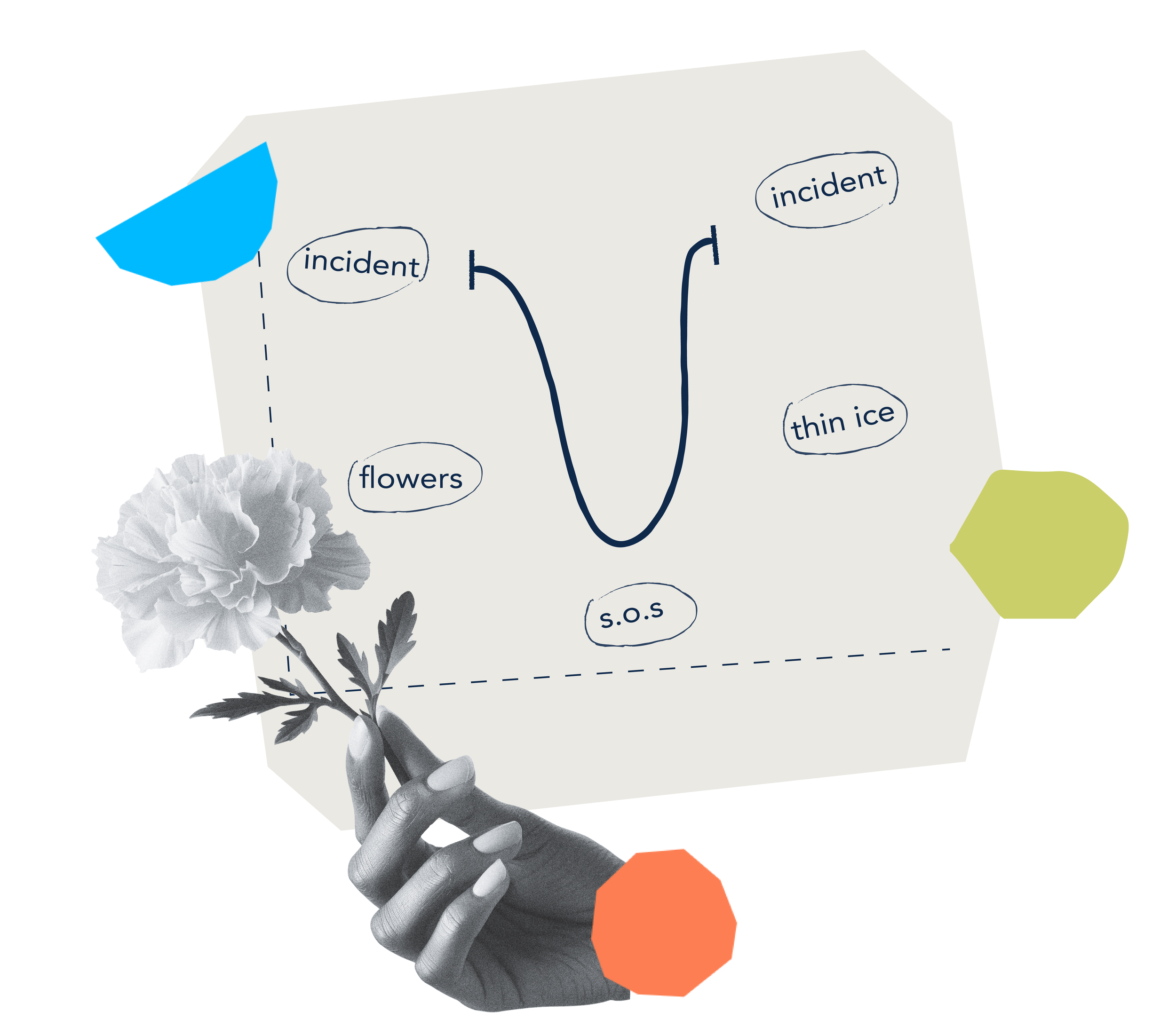 Hand holding a flower in front of a diagram with words and lines, with decorative hexagon shapes around the image.