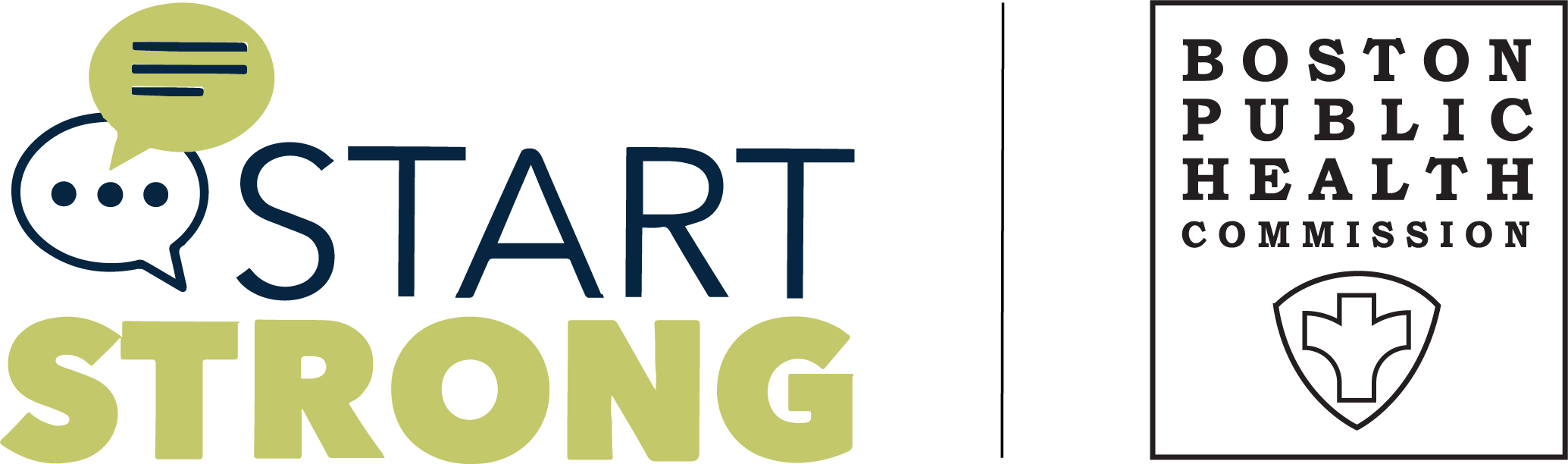 Logo with speech bubbles, text 'START STRONG', and the Boston Public Health Commission emblem.