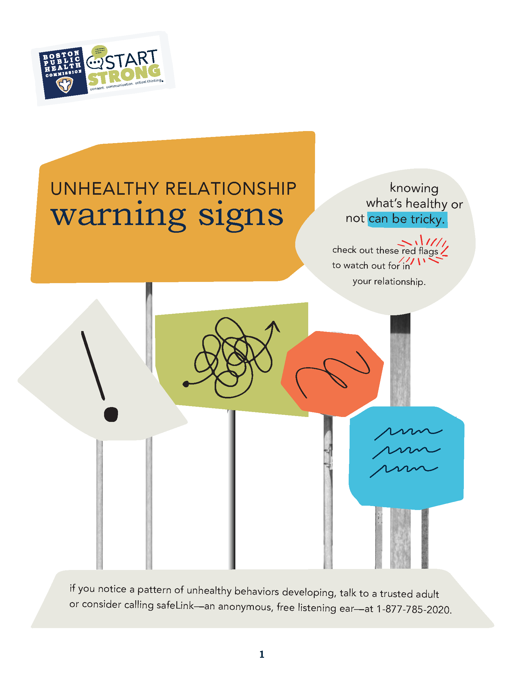 poster listing relationship warning signs, with a support hotline number (english)
