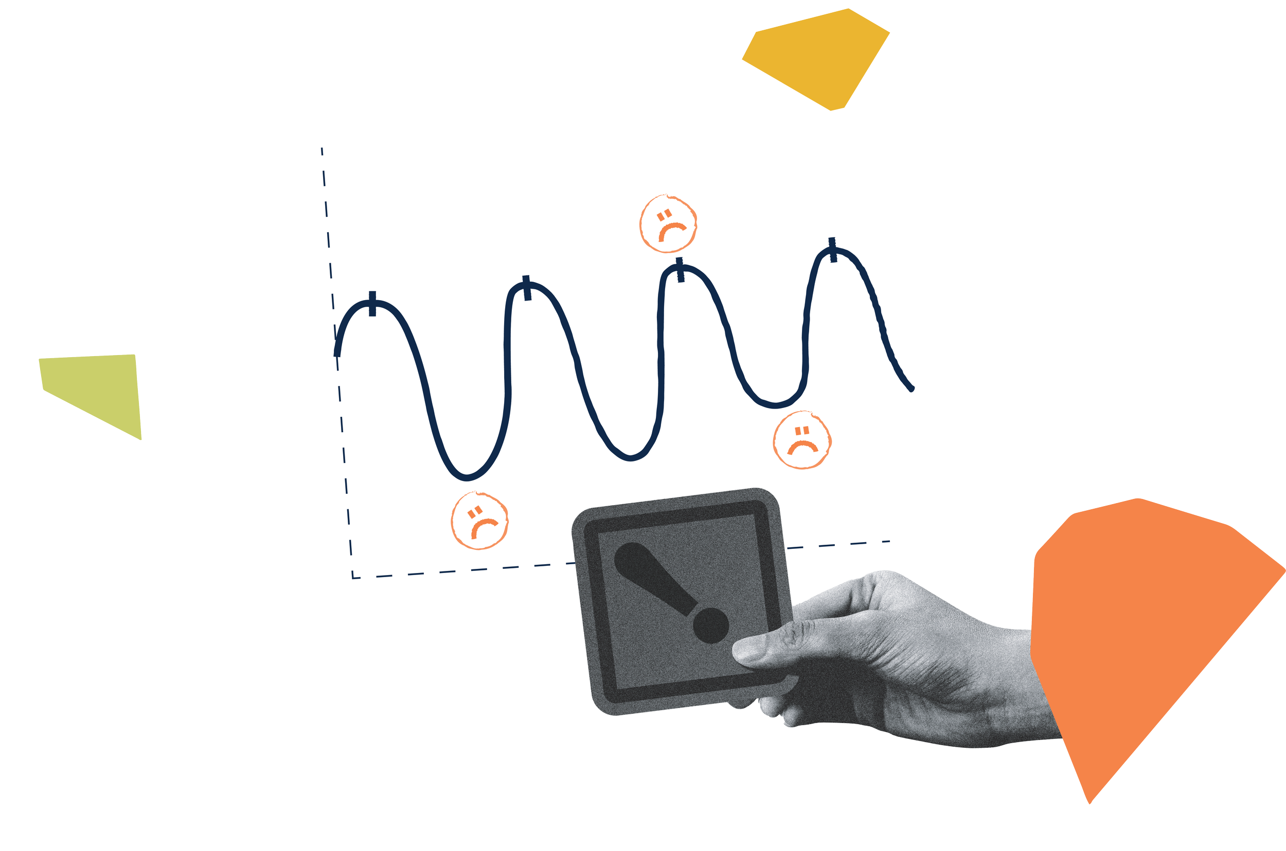 A hand holding a remote control pointing at a screen displaying a fluctuating graph with sad face icons at lows and a neutral face at a middle point.