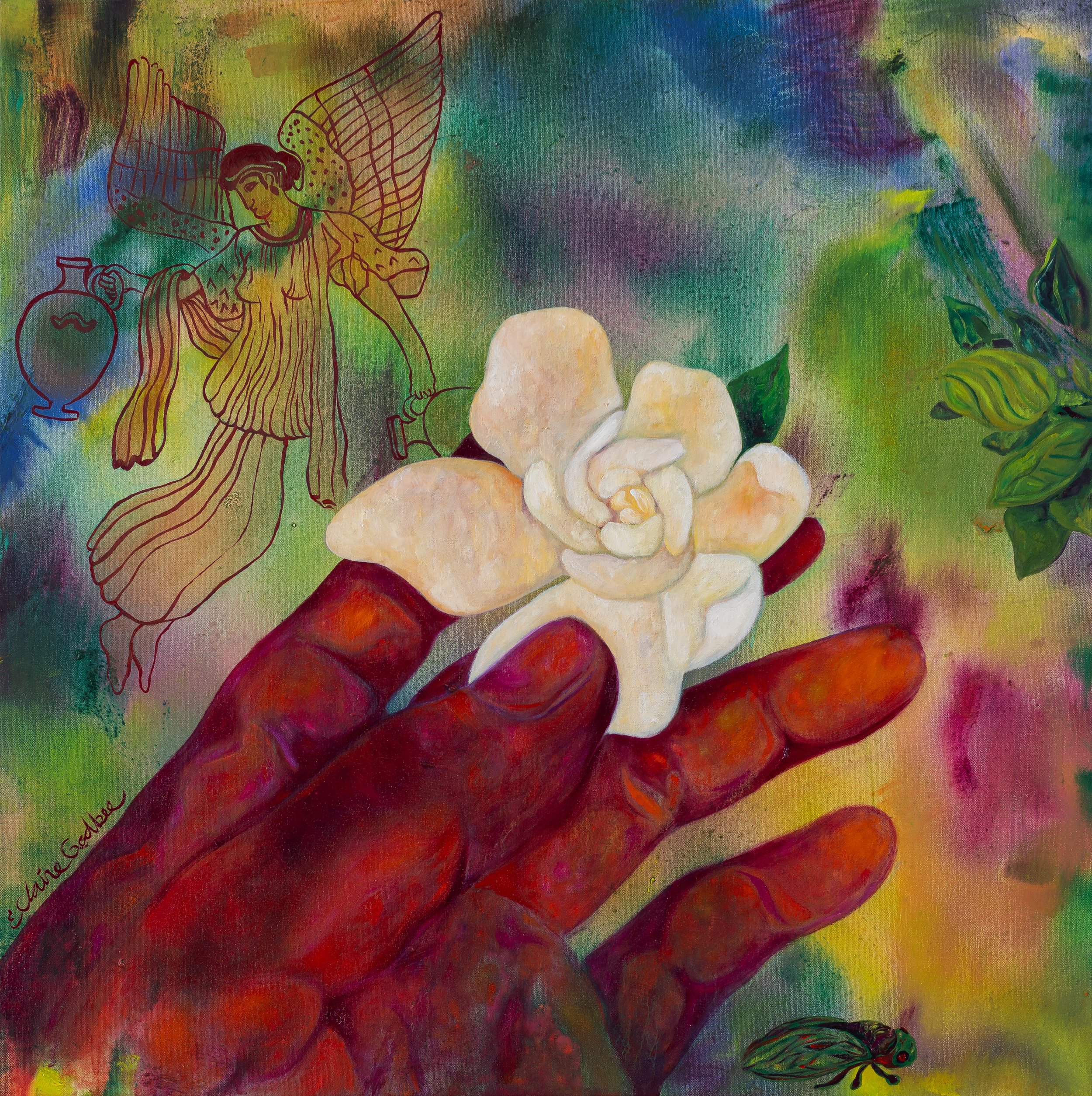 dawn (eos, gardenia and morning dew), 30" x 30", oil, oil pastel and mica on canvas, 2024