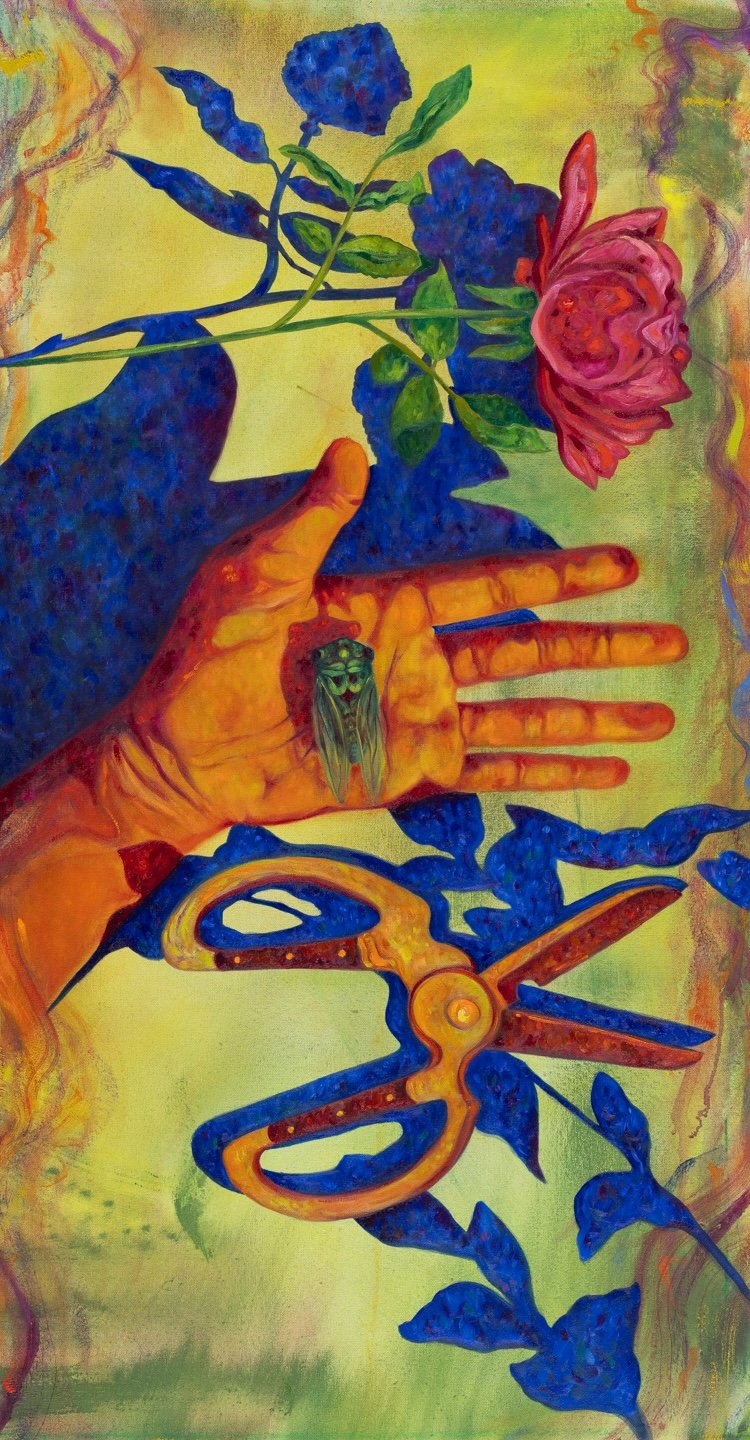 cicada song, 22" x 42", oil, oil pastel and mica on canvas, 2024