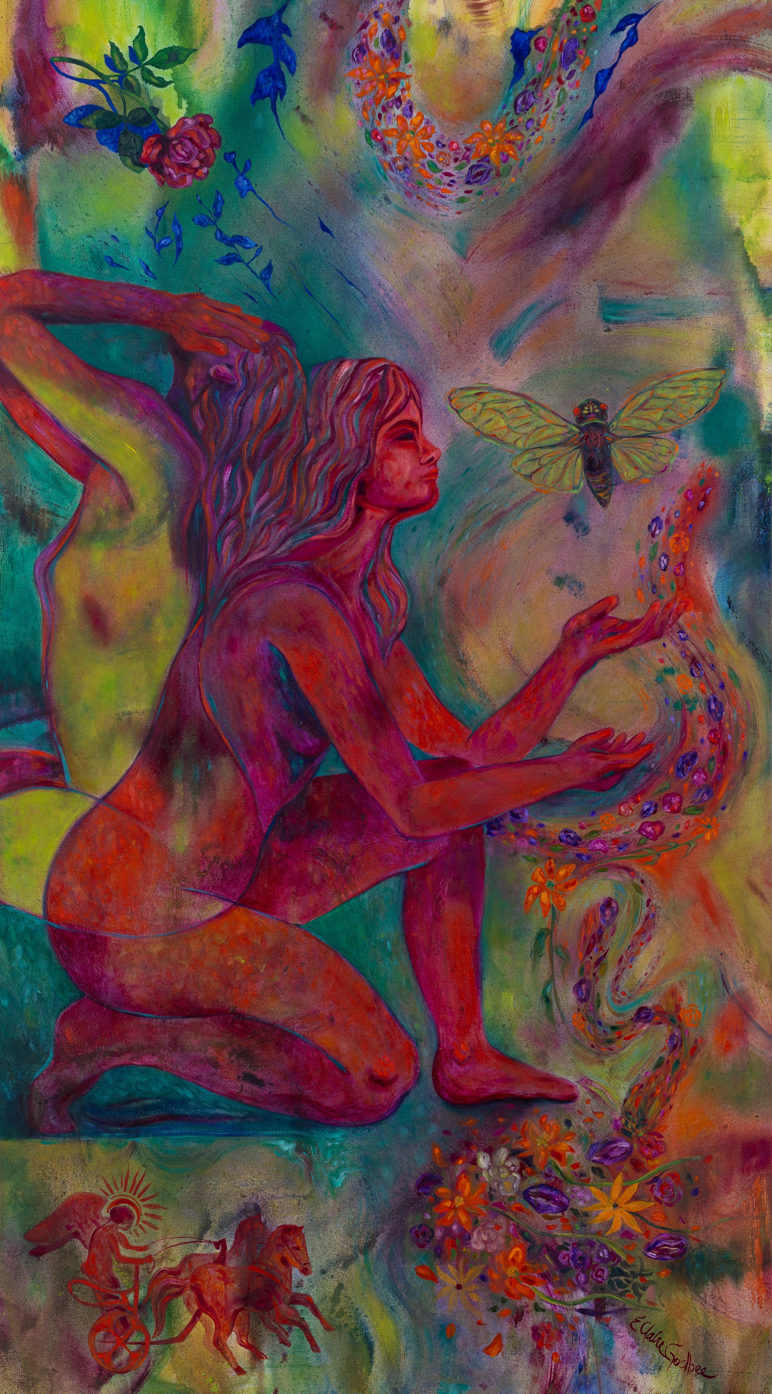 eos and the cicada, 36" x 64", oil, oil pastel and mica on canvas, 2024