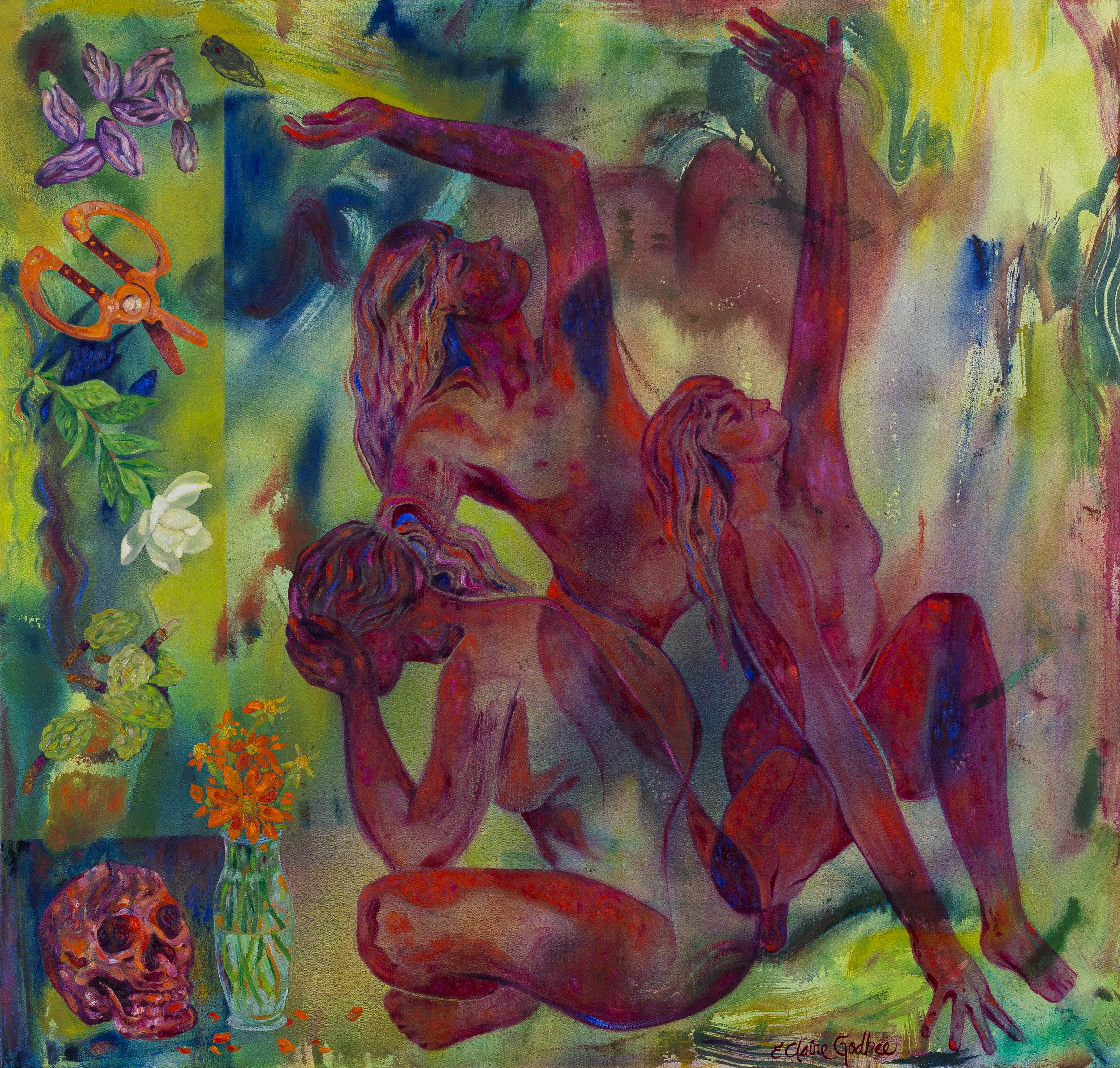 releasing grief in my soul, grief in the garden
(a meditation on the cycles of life), 42" x 44", oil, oil pastel and mica on canvas, 2024
