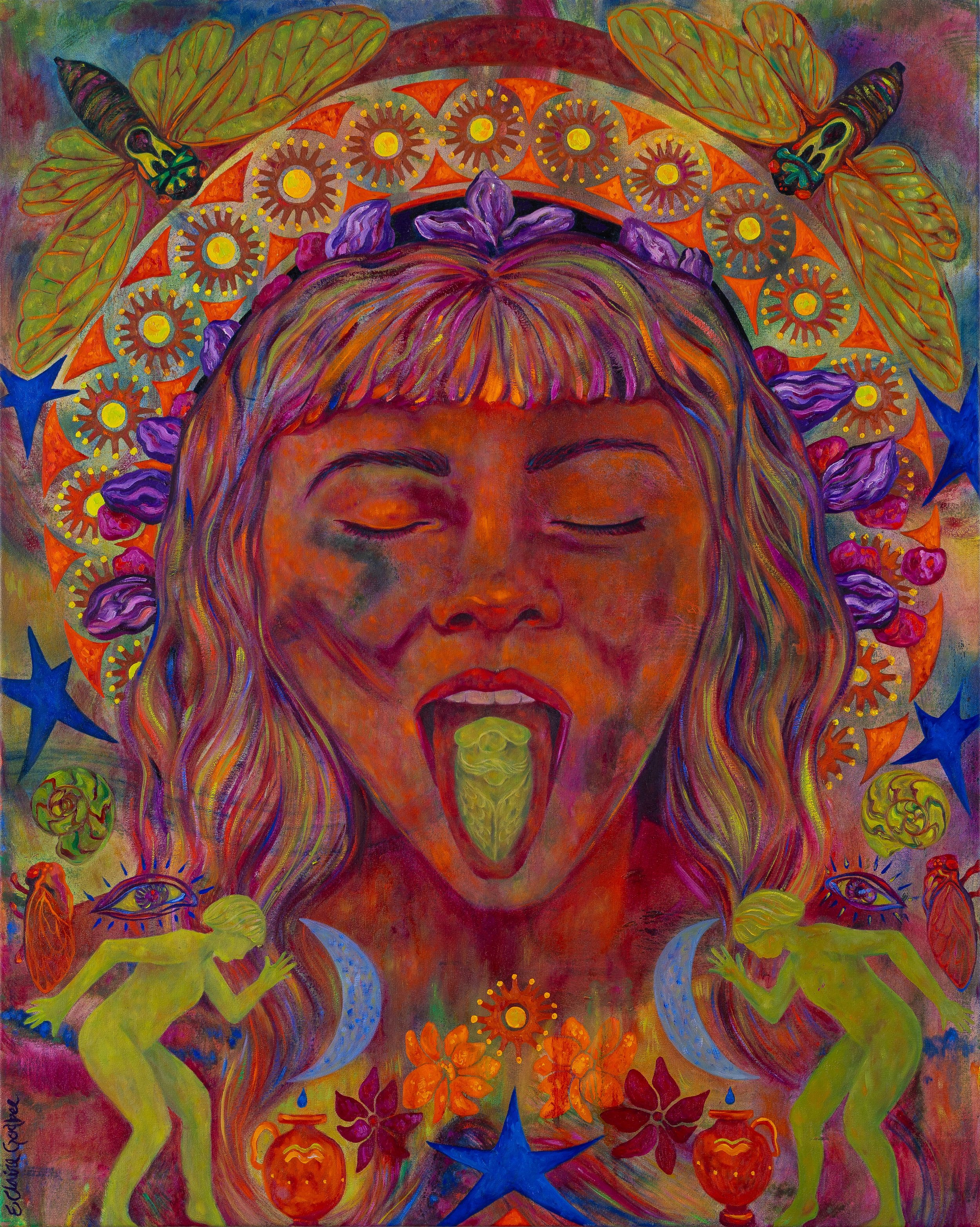 resurrection ritual, 32" x 40", oil, oil pastel and mica on canvas, 2024