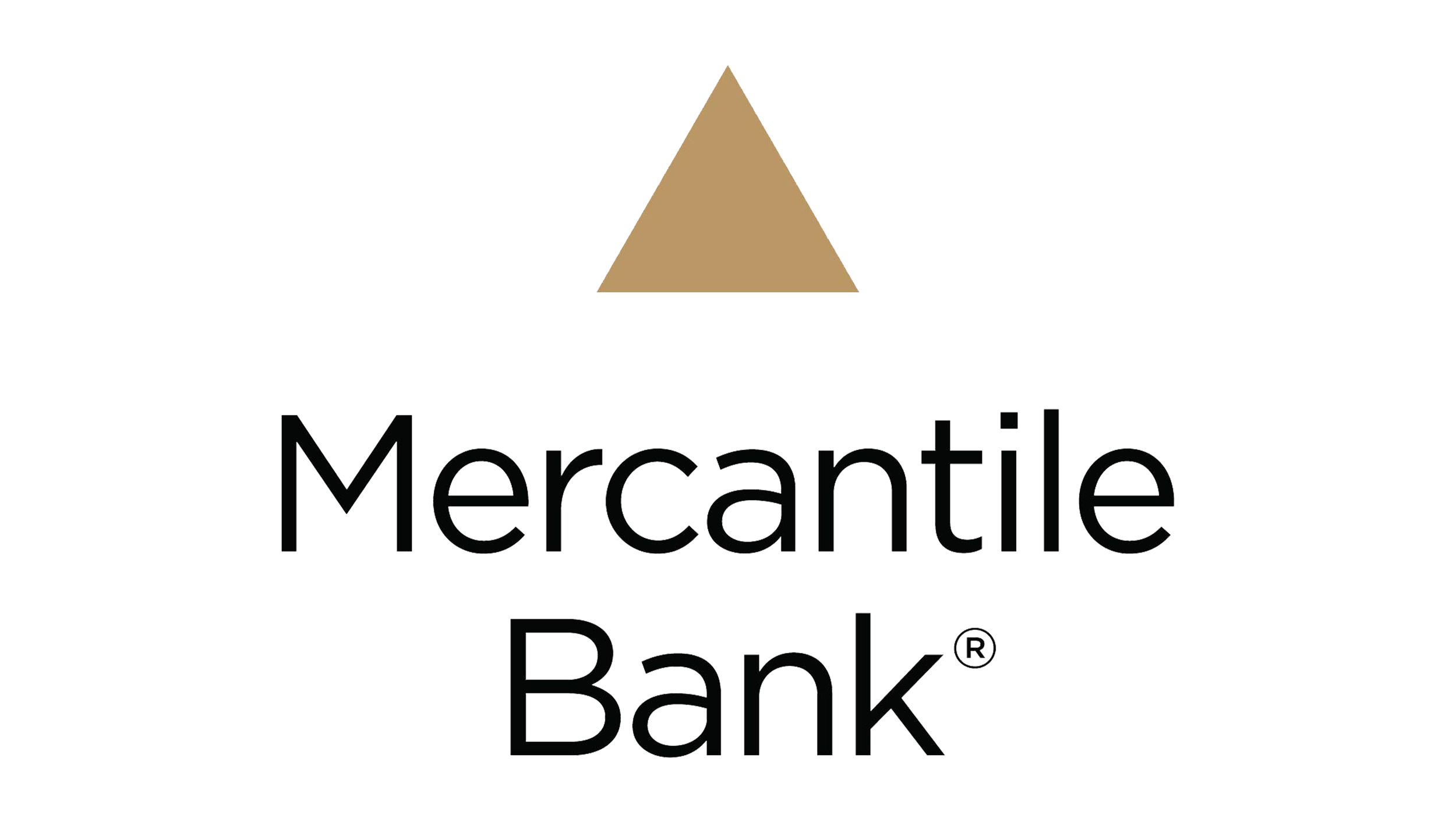 The logo of Mercantile Bank, featuring a gold triangle above the text 'Mercantile Bank' in black font.