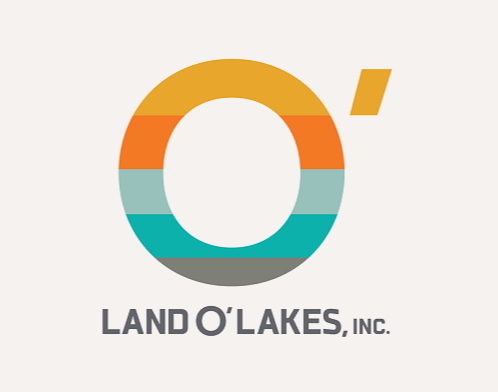 Logo for Land O' Lakes, Inc. featuring a stylized letter 'O' with horizontal color bands in orange, yellow, teal, and gray.