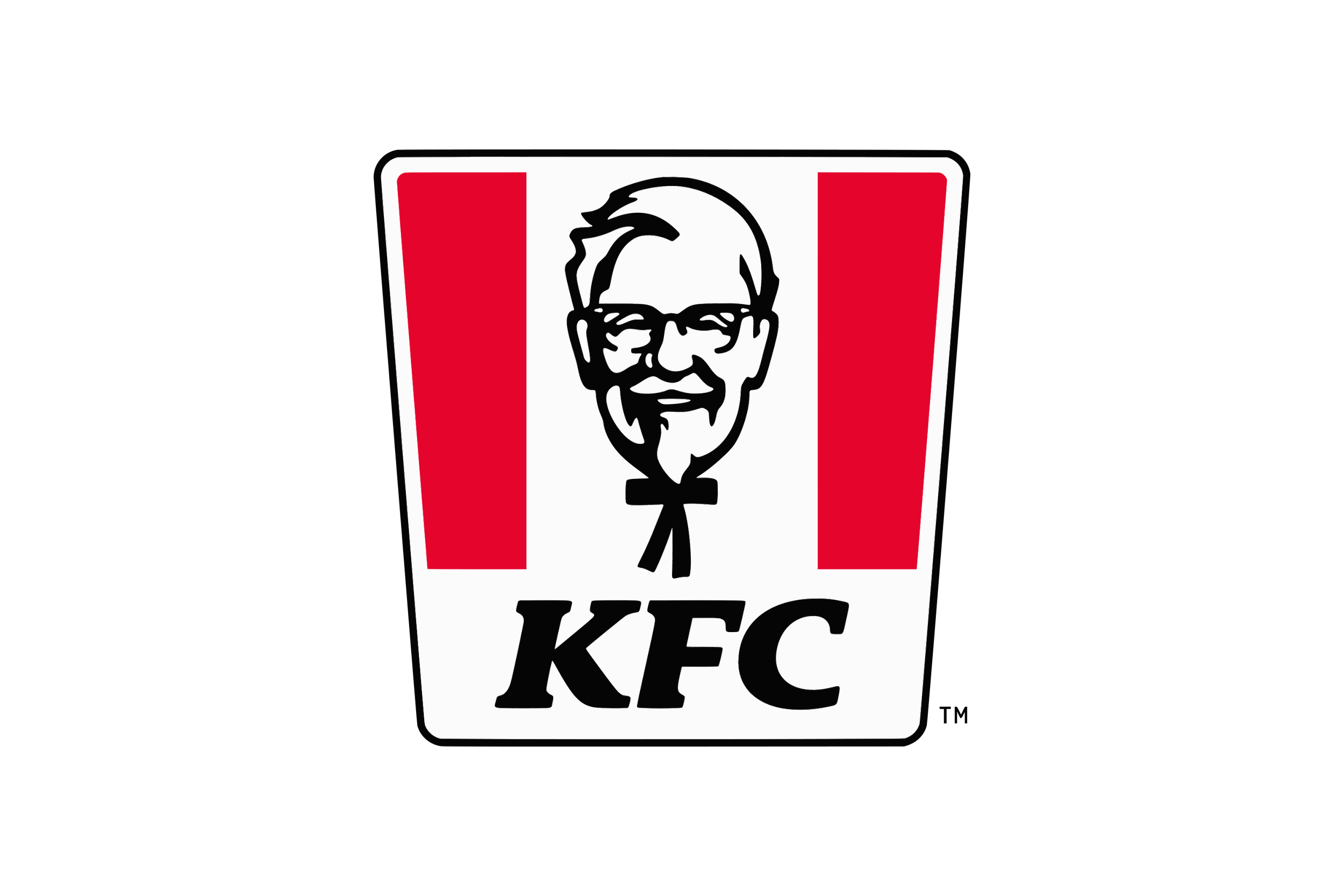 KFC logo featuring Colonel Sanders face with red and white stripes and black text.