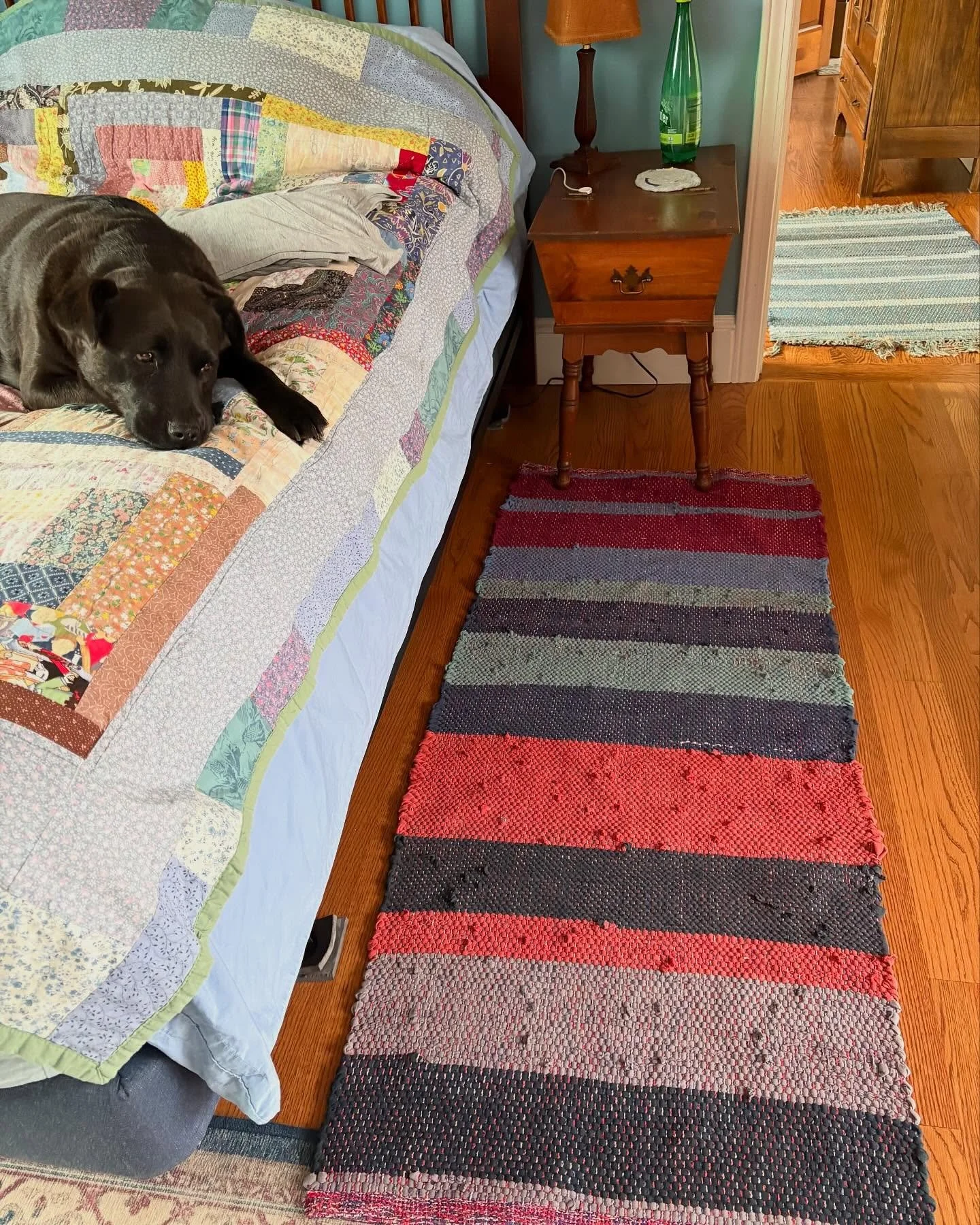 Our rug warp is off the loom! Repurposed denim (far rug) and repurposed t-shirts ( near rug) woven on our Union loom.  We are setting up another warp, probably solid cotton black or navy and 34&rdquo; width in loom. If you&rsquo;re near by and have a