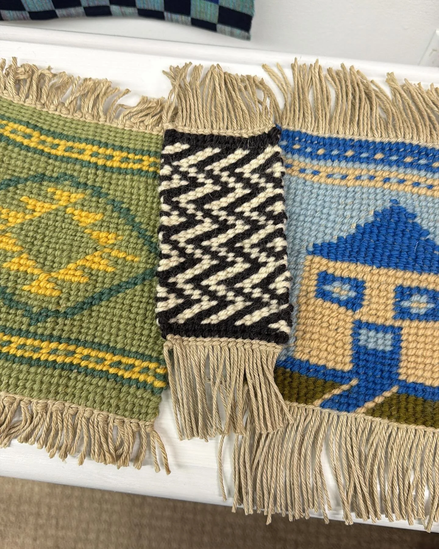 This past January I took a zoom workshop from Dawn Ahlert through the Weavers Guild of Boston. I became a little obsessed and have twined these 3 samples and have started a fourth!! Warp is a found left over linen yarn from someone else&rsquo;s stash