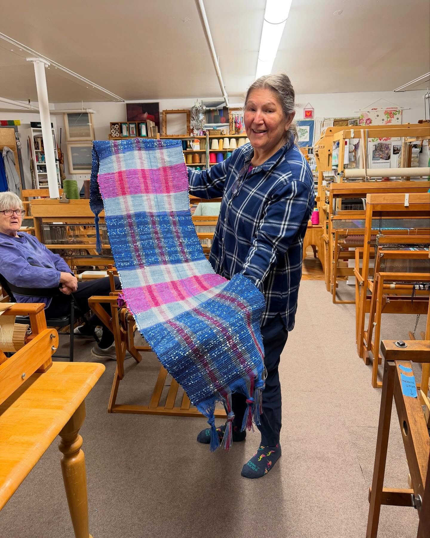 We have some SUPERSTARS in the studio today.  Look at what has come off the looms today!  A shawl, some rug samples and a rag rug table runner.