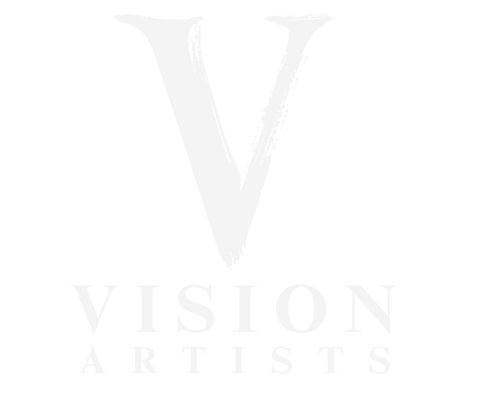 A stylized white letter 'V' with a distressed texture, above the words 'VISION ARTISTS' in white capital letters on a black background.