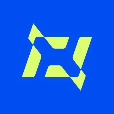 A logo with abstract yellow shapes forming a stylized letter 'X' on a blue background.