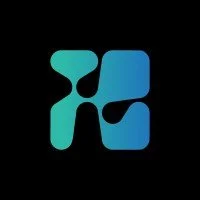 Abstract logo with blue and green shapes on a black background.