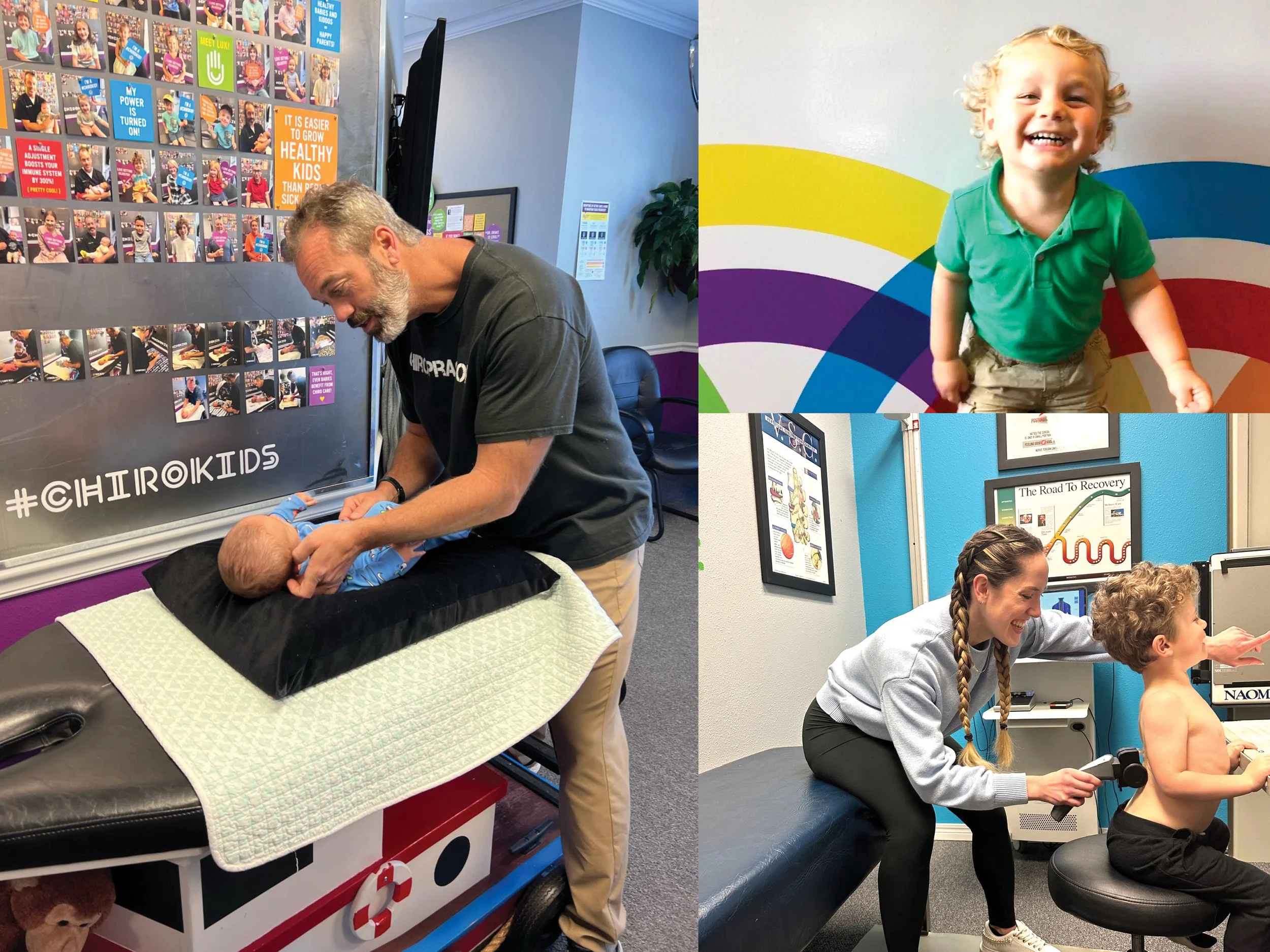Photo collage: Dr. Drake adjusting baby, toddler smiling and rolling thermal scan being performed on young child