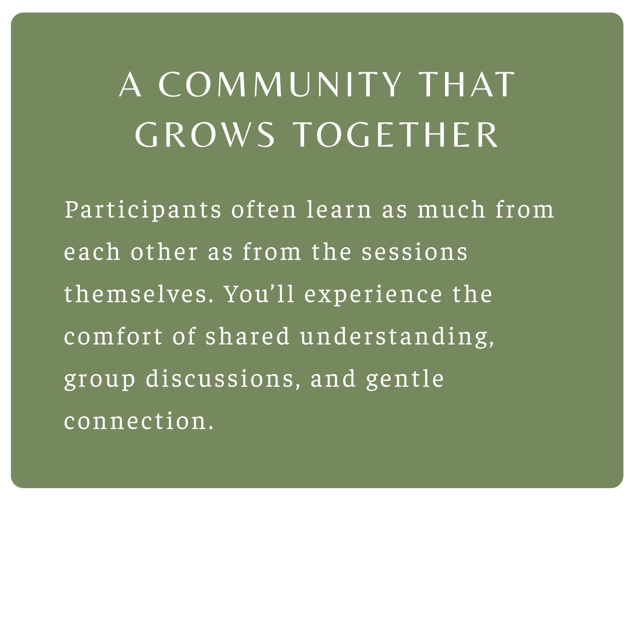 A graphic with a green background and white text that reads: "A COMMUNITY THAT GROWS TOGETHER Participants often learn as much from each other as from the sessions themselves. You'll experience the comfort of shared understanding, group discussions, and gentle connection."