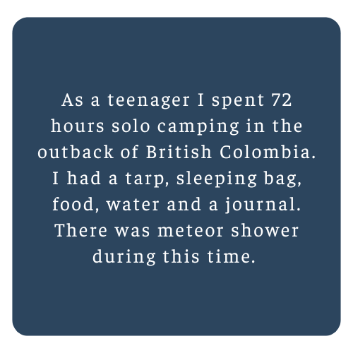 Text about a teenage solo camping experience in British Columbia, mentioning a tarp, sleeping bag, food, water, a journal, and a meteor shower.