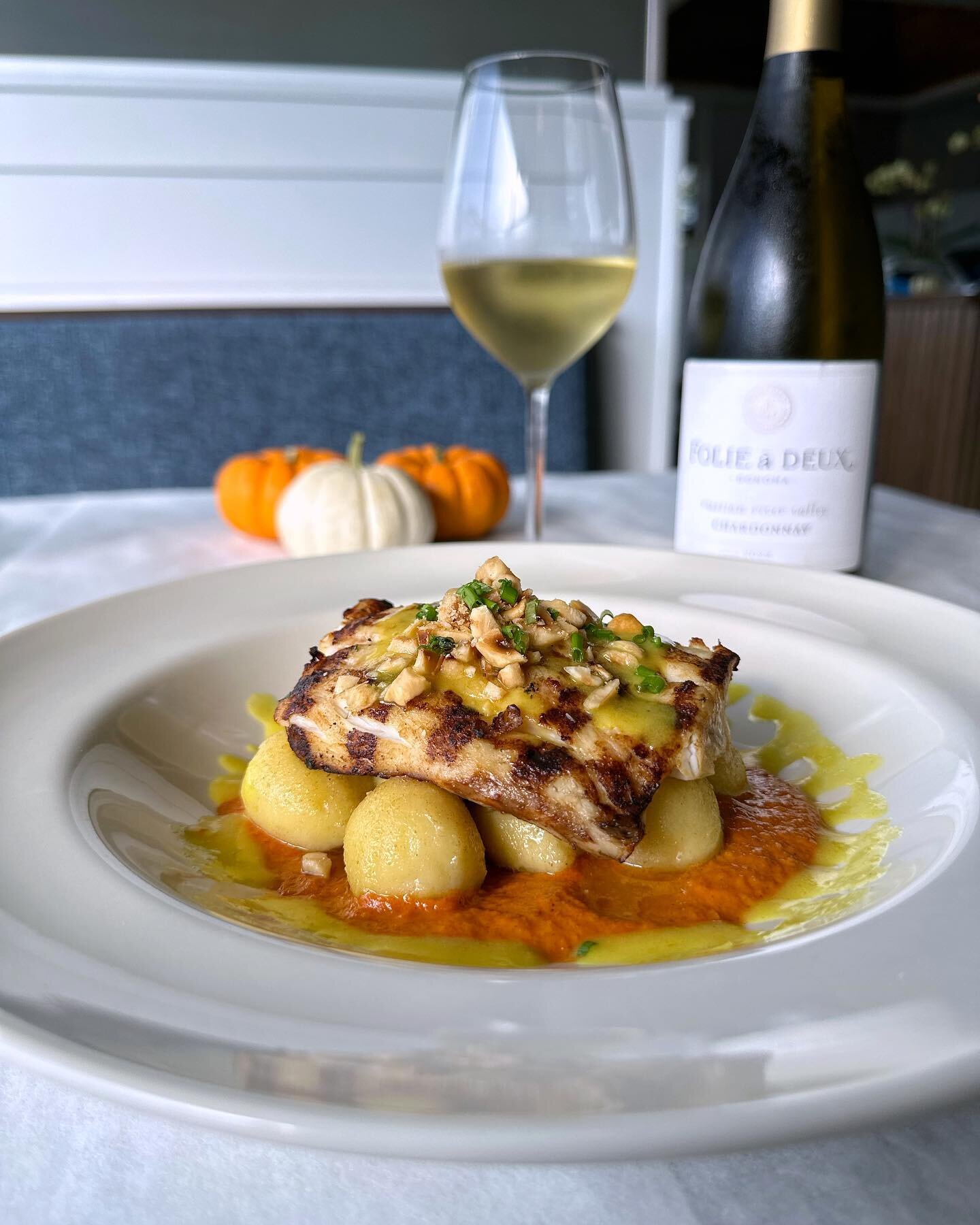 This weeks special we have the delightful grilled Tripletail on a bed of Asiago filled gnocchi, romesco sauce and a preserved lemon emulsion. Paired with our new Russian River Chardonnay Folie a Deux. The silky body, complexity, balanced acidity and 
