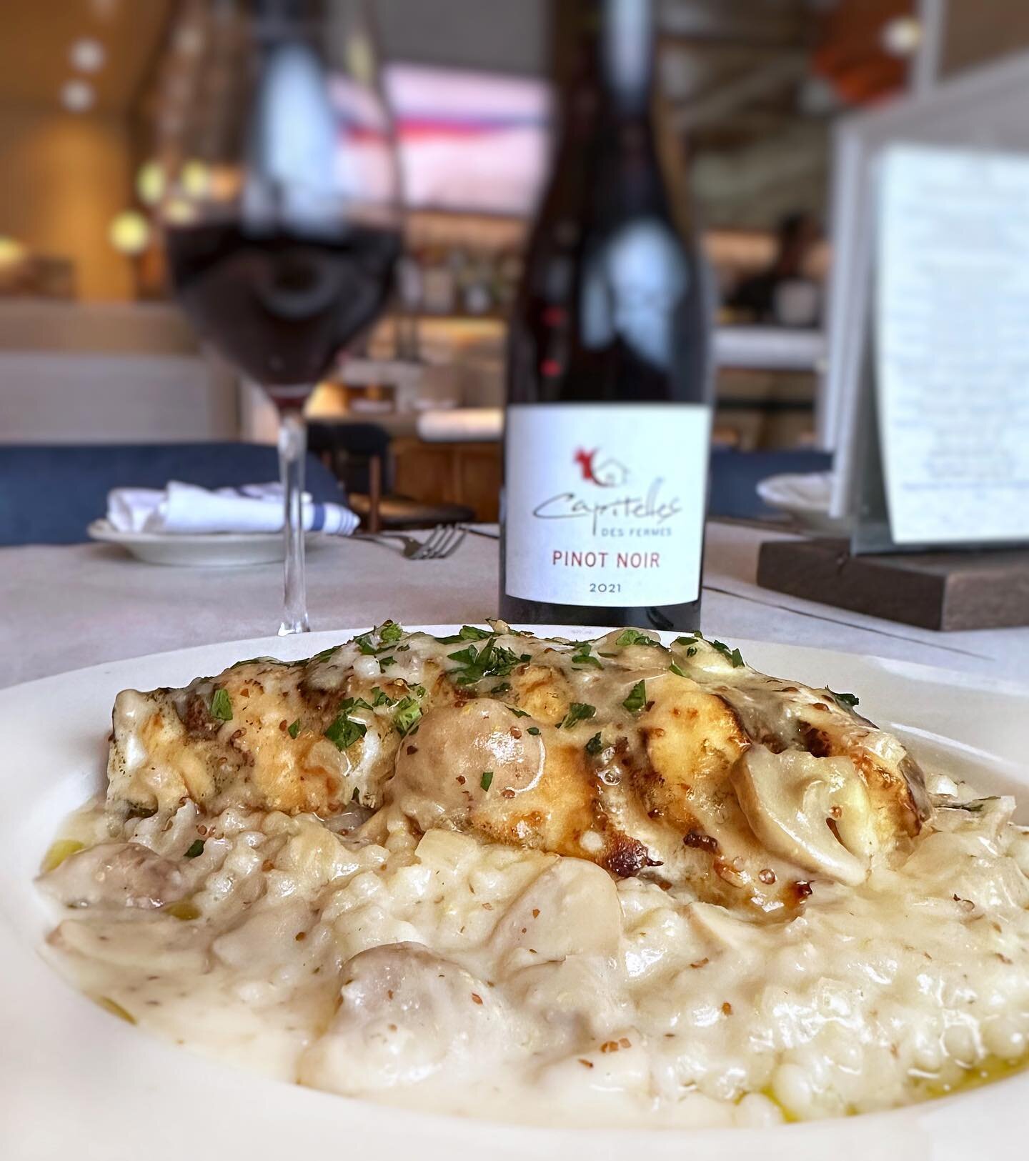 Wild Nova Scotia Halibut with pearled couscous and mushroom cream sauce. This mild fish pairs beautifully with the Capitelles des Fermes Pinot Noir - with a hint of spice and ripe cherry, this wine plays beautifully with both the fish and mushroom cr