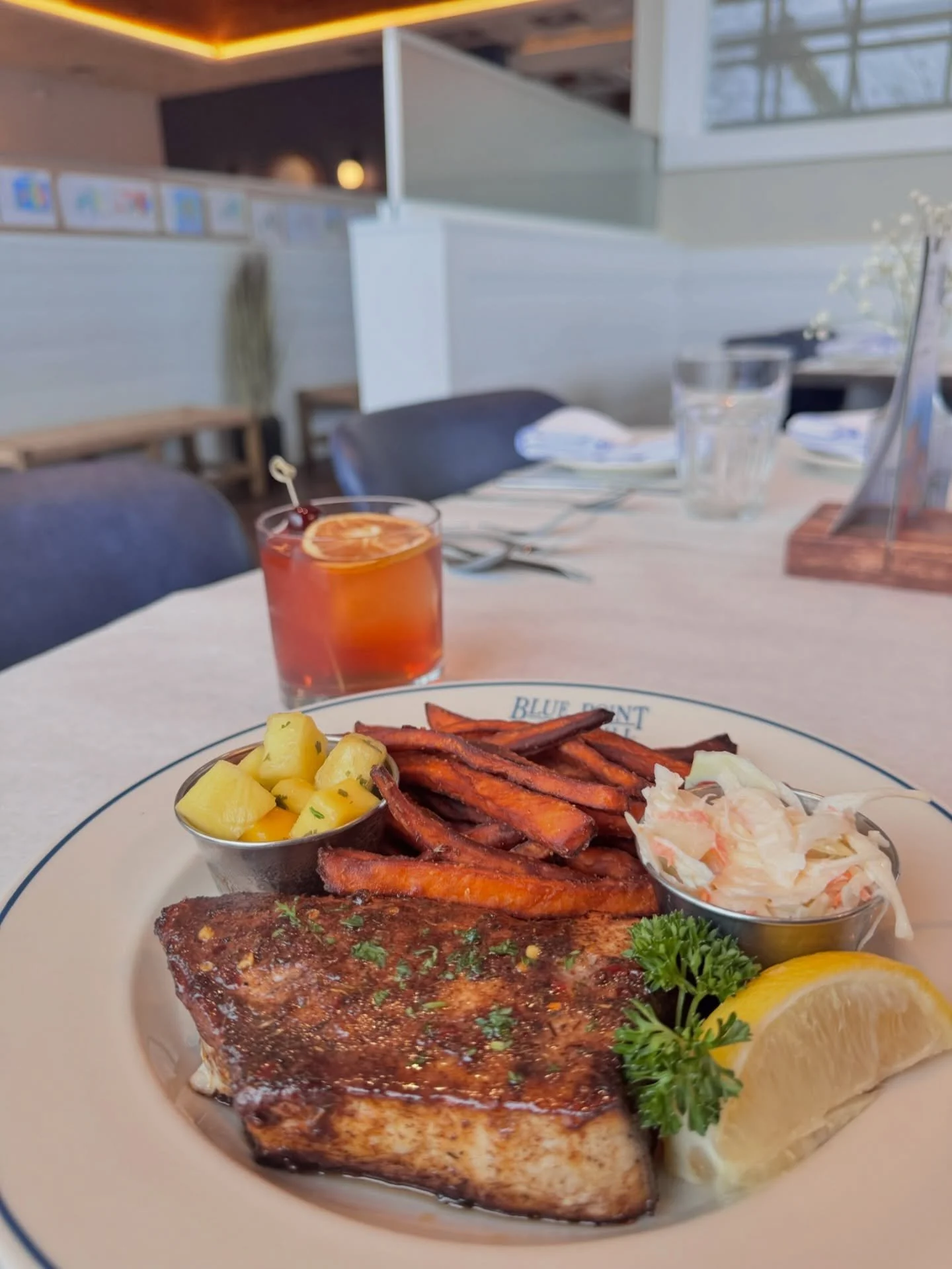 🔥 Jerked swordfish with pineapple mango salsa 🥭 sweet, bright, and full of flavor.

🥃 Paired with our classic Old Fashioned for the perfect counterpoint.

Fresh seafood done right. Tag your crew, your table&rsquo;s waiting. 👀

#BucksCountyEats #F