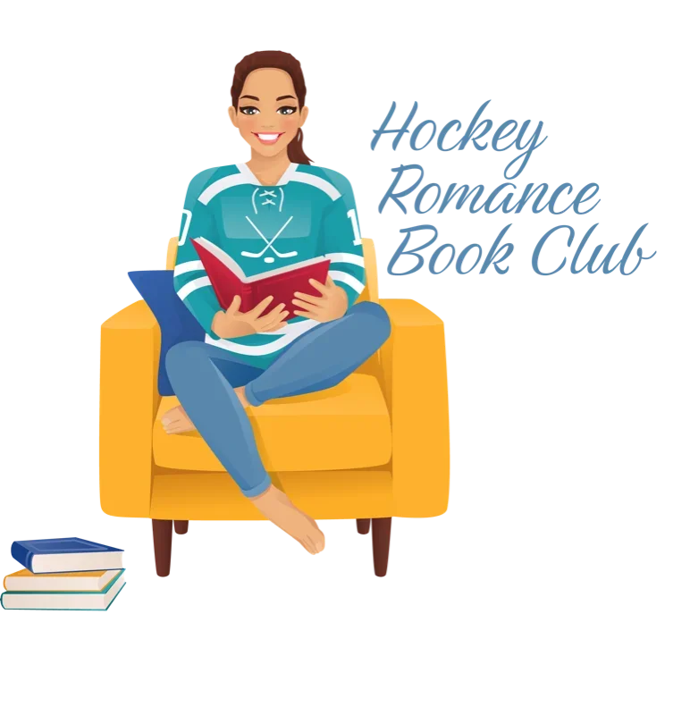 Illustration of a smiling woman in a hockey jersey sitting on a yellow chair, reading a red book, with a stack of books and a tablet nearby, and the text 'Hockey Romance Book Club' to the right.