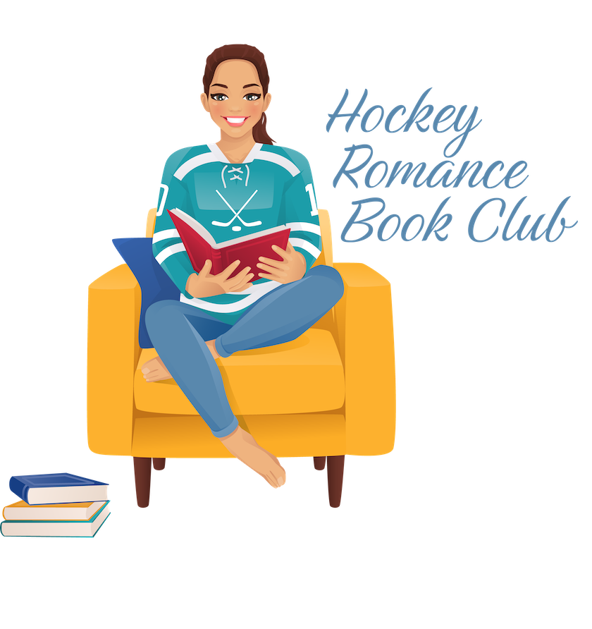 illustrated image of a Young woman in a hcckey jersey seated on a yellow stuffed chair is reading, with a pile of other books on the floor beside her.