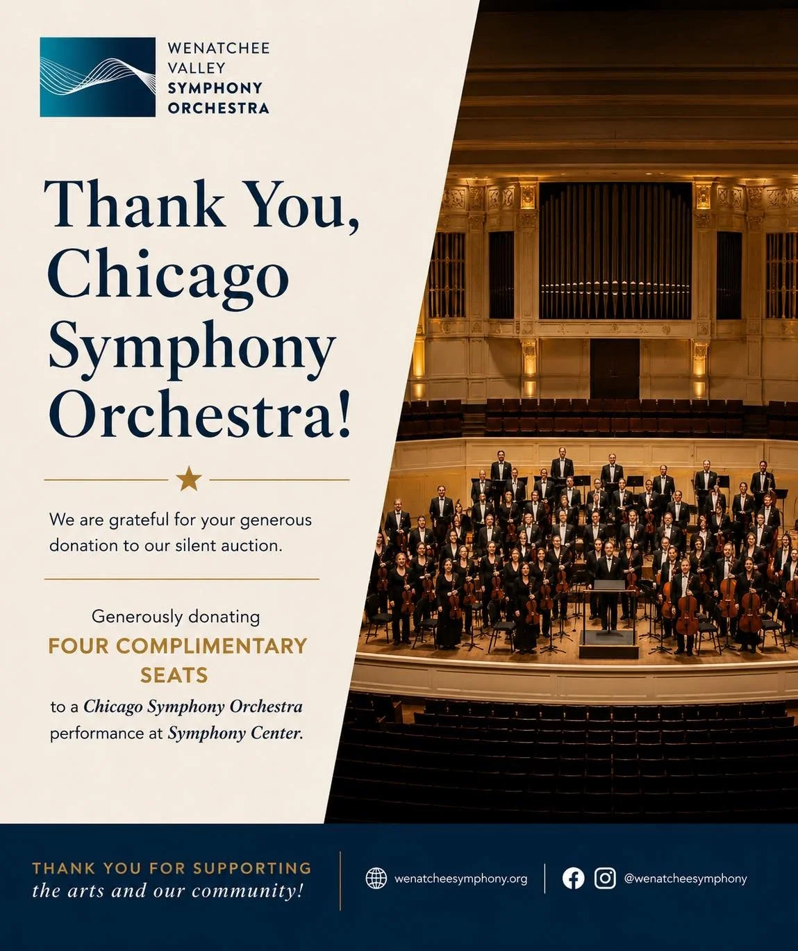 The Wenatchee Valley Symphony Orchestra is honored to receive a generous silent auction donation from the @chicagosymphony.

This incredible package includes four complimentary seats to a performance at the world-renowned Symphony Center, offering on