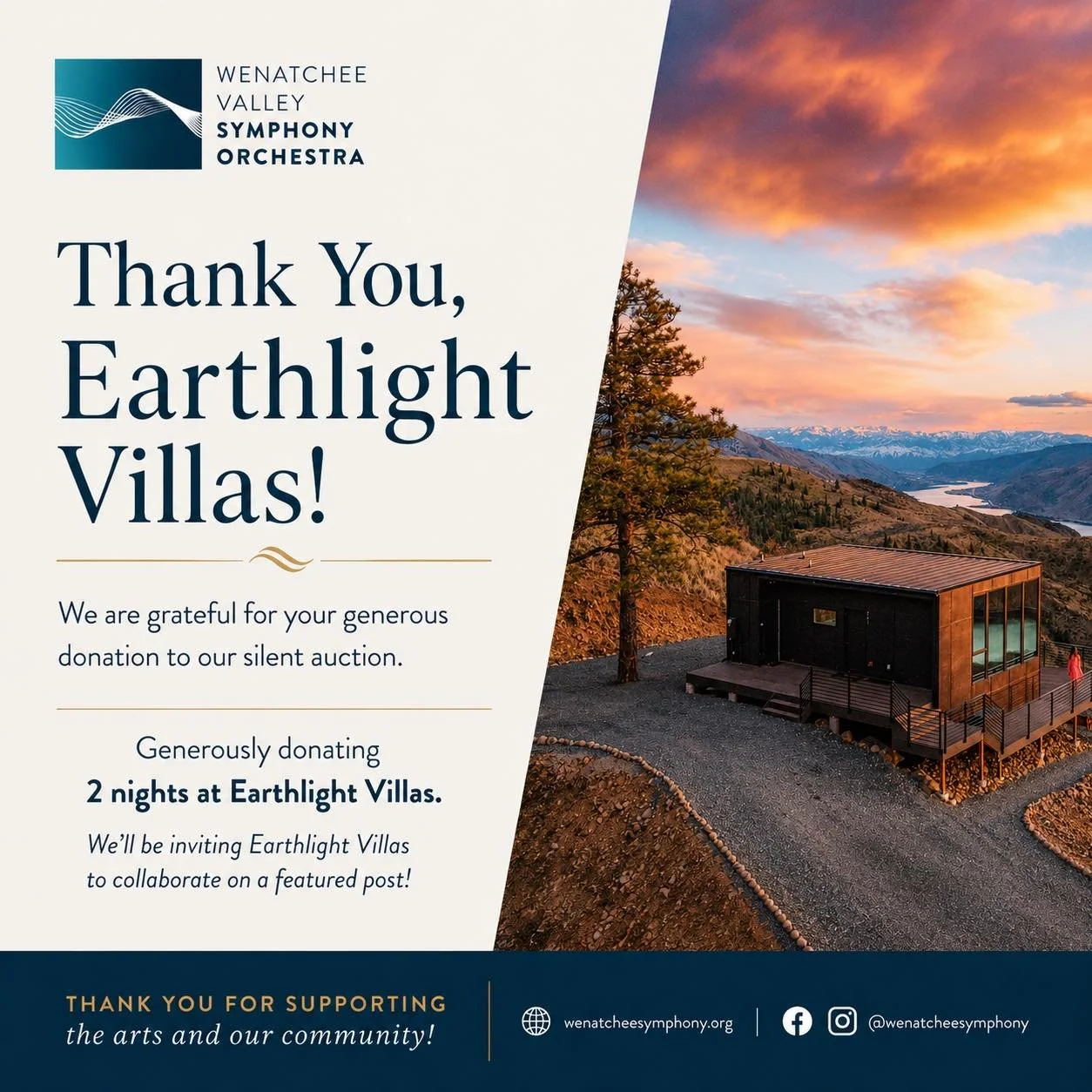 We are incredibly grateful to @Earthlight Villas for their generous donation to our silent auction in support of the Wenatchee Valley Symphony Orchestra Gala.

Their contribution of a two-night stay at Earthlight Villas will help us continue enrichin