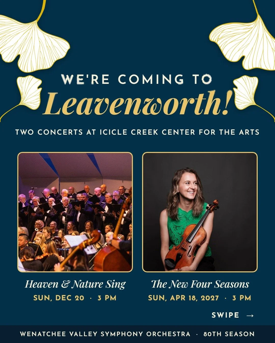We're coming to Leavenworth! 🏔️ We're thrilled to partner with Icicle Creek Center for the Arts to bring two Wenatchee Valley Symphony Orchestra concerts to their beautiful stage this season. Swipe to see both ➡️

🎄 Heaven &amp; Nature Sing: A Chri