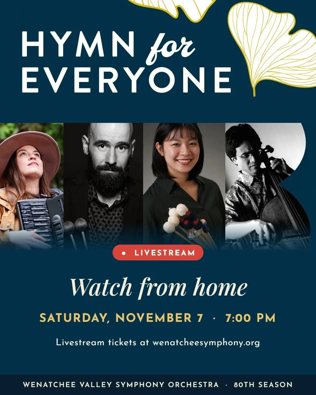 Can't make it in person on November 7? Watch from home! 🎥 Hymn for Everyone will be livestreamed, so you can enjoy the Wenatchee Valley Symphony Orchestra from your living room. Hear Osvaldo Golijov's Azul with guest artists John Michel (cello), Fay