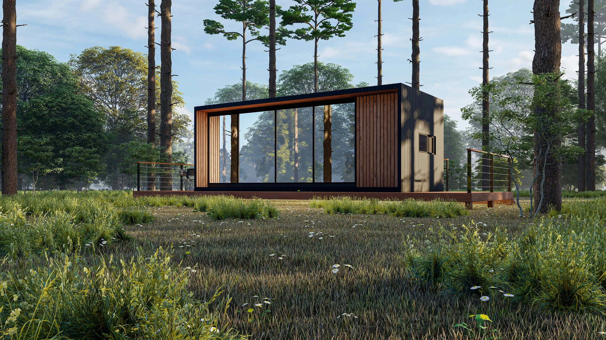 Mirror cabin in a forest setting with a wooden deck, surrounded by tall trees and rocks, with smoke rising from a chimney.