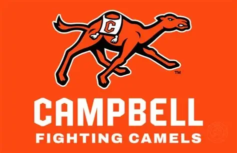 Illustration of a camel with a muscular build, running with a football on its back, against an orange background with the text "CAMPBELL FIGHTING CAMELS" underneath.