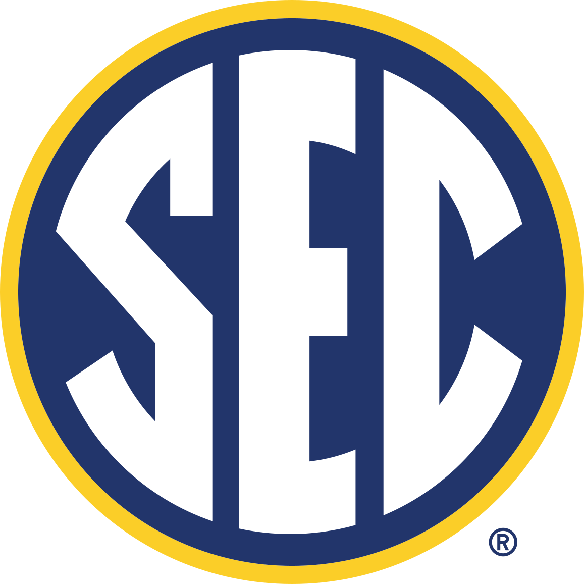 Logo of the SEC with navy blue, white, and yellow colors.