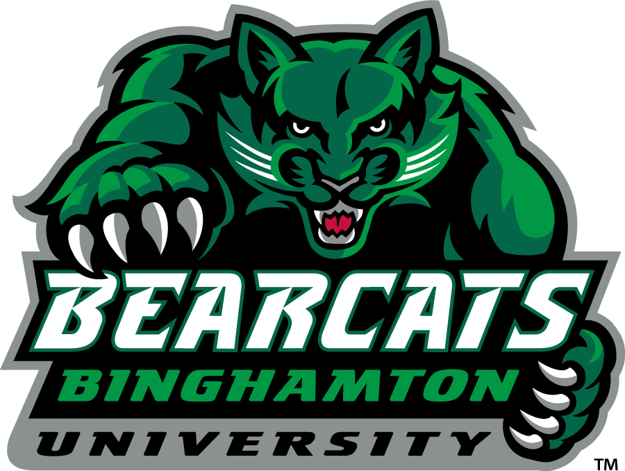 A fierce green and black bearcat mascot with claws extended, snarling, for Binghamton University Bears Cats.