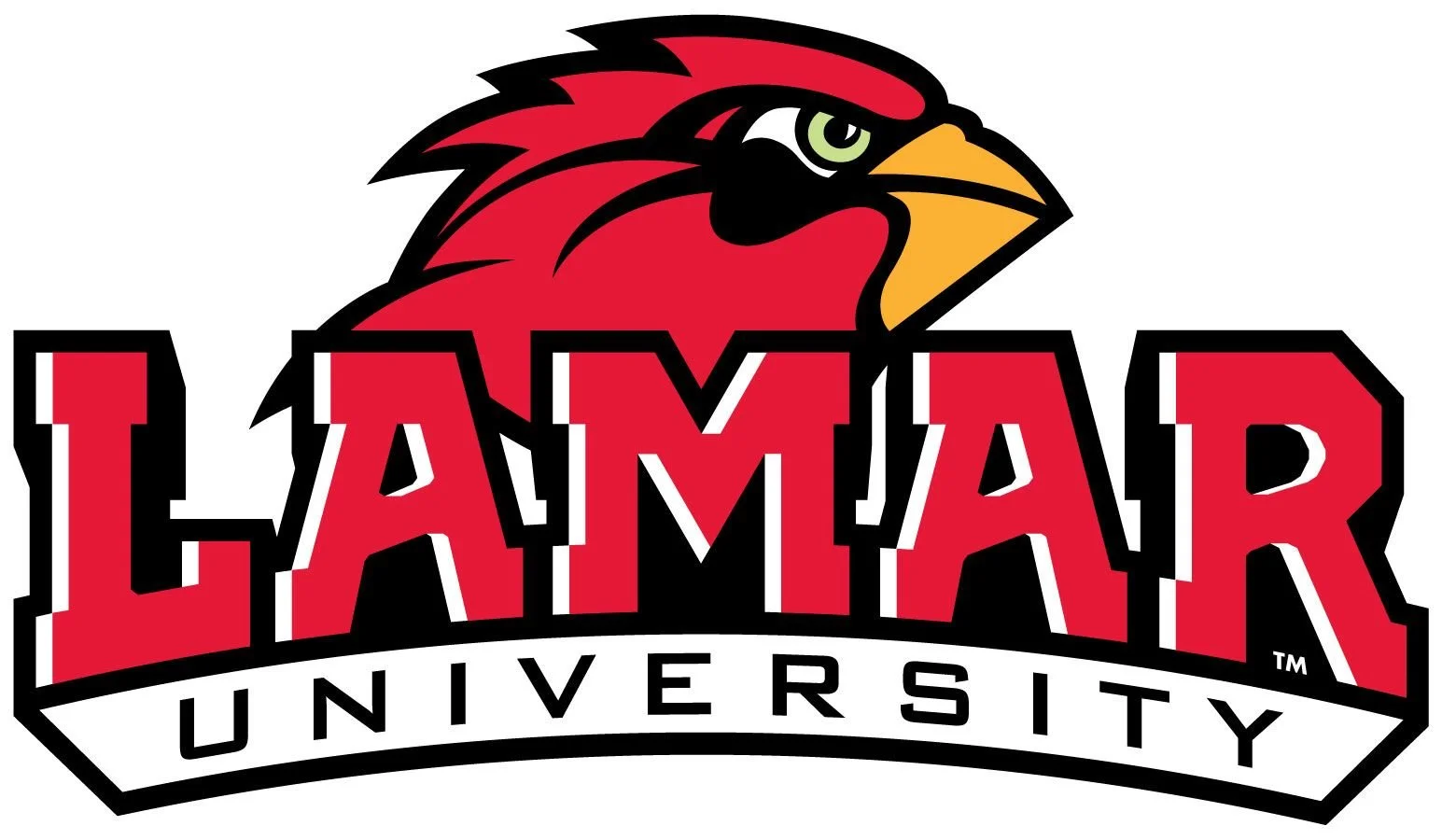 Lamar University logo featuring a red bird head and text in red, black, and white.
