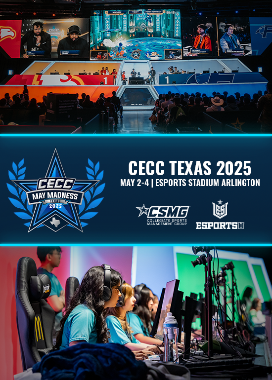 E-sports event at CECC Texas 2025, featuring competitors at gaming stations, large screens displaying gameplay, and an audience watching. The event takes place May 2-4 at Esports Stadium Arlington, with logos of CECC, CSMG, and Esports U.