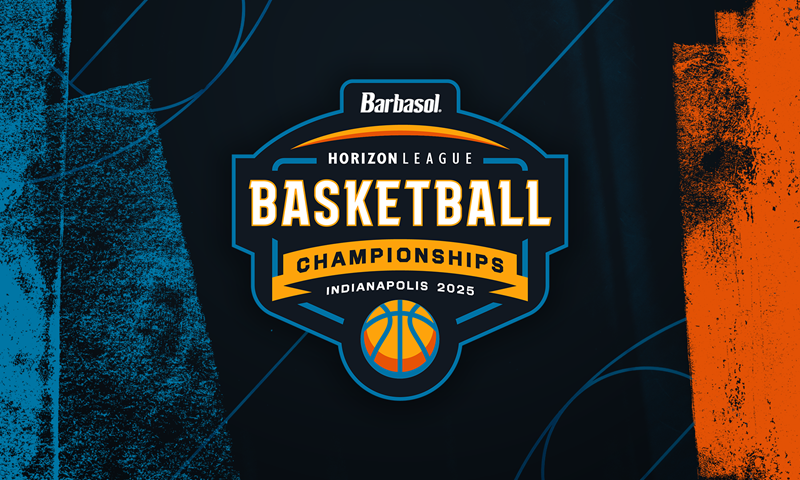 Graphic for the Barbasol Horizon League Basketball Championships 2025 in Indianapolis, with a blue and orange themed background and a basketball icon at the bottom.