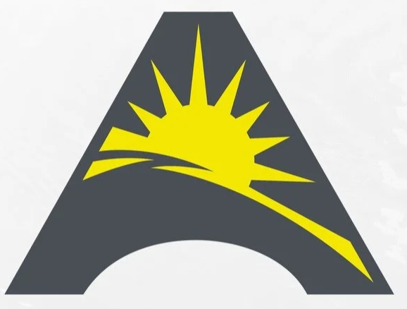 A logo with a large gray letter 'A' featuring a stylized yellow sun with rays emerging from behind it.