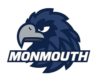 Logo of a fierce-looking eagle with dark blue feathers and a gray beak, with the word "MONMOUTH" in bold white letters beneath.