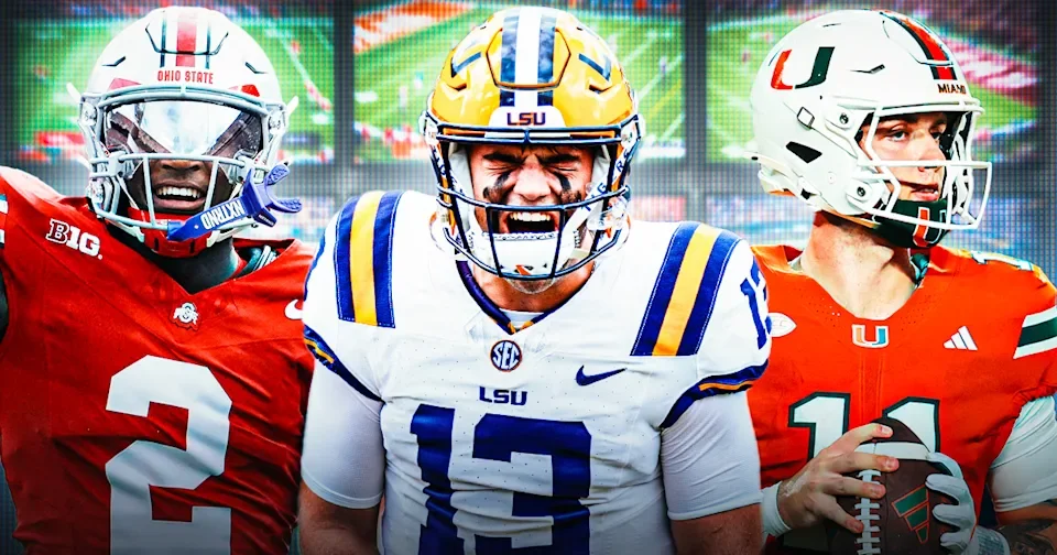 Three college football players from Ohio State, LSU, and Miami compete on the field, with the LSU player in the center showing an intense expression.