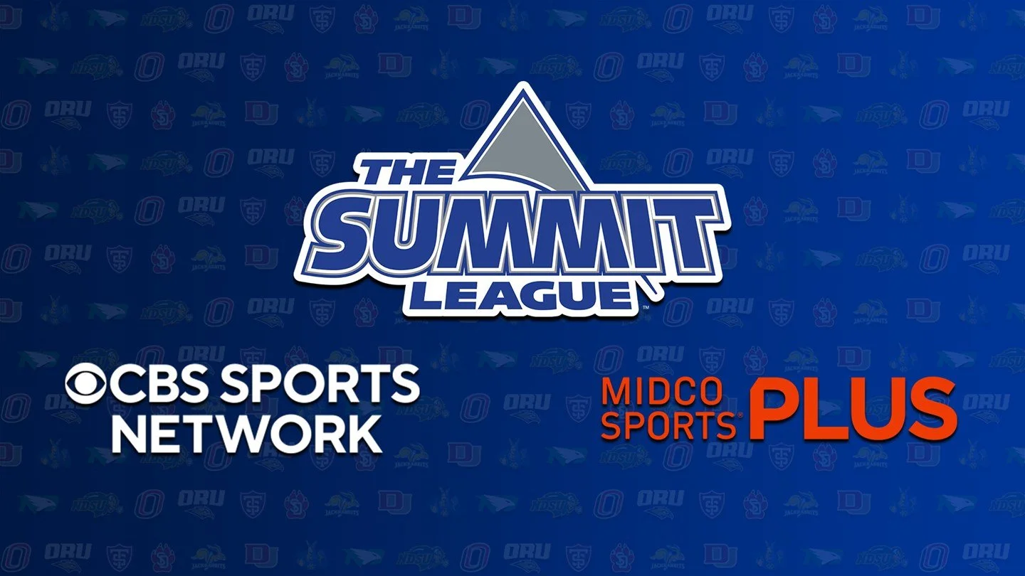 Graphic for The Summit League with logos of CBS Sports Network and Midco Sports Plus in front of a dark blue background with various faded sports-related logos.
