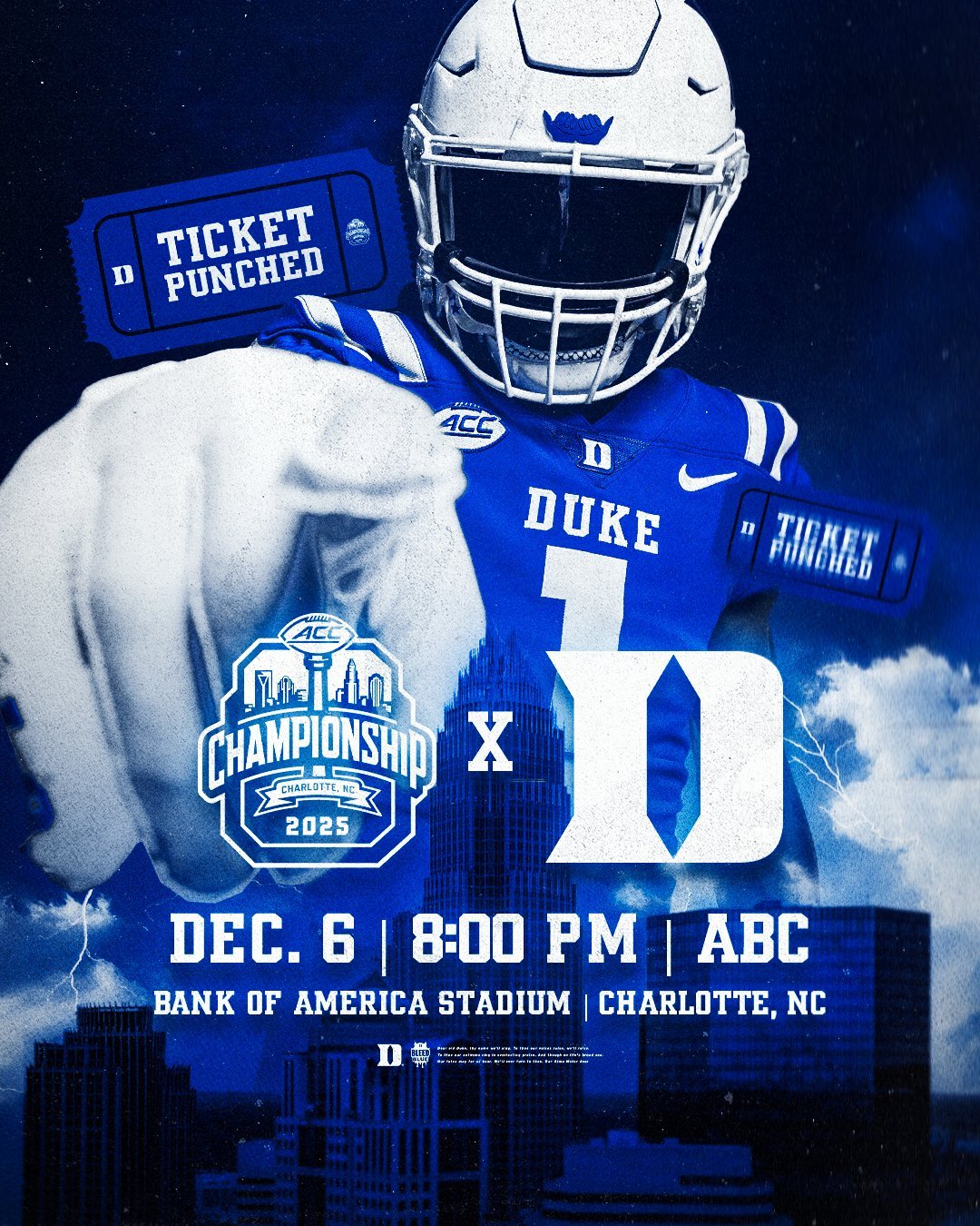 A promotional poster for a college football game between Duke University and another team, featuring a football player in a Duke uniform with a helmet, and details about the game on December 6 at 8:00 PM at Bank of America Stadium in Charlotte, North Carolina.
