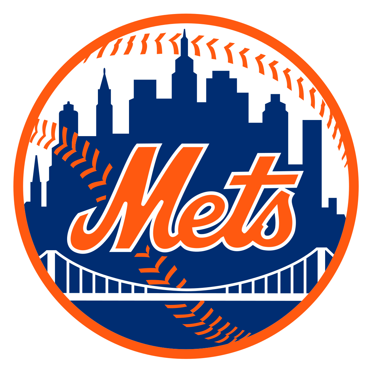 New York Mets logo featuring a city skyline, a baseball with stitching, and the word Mets in orange and white.